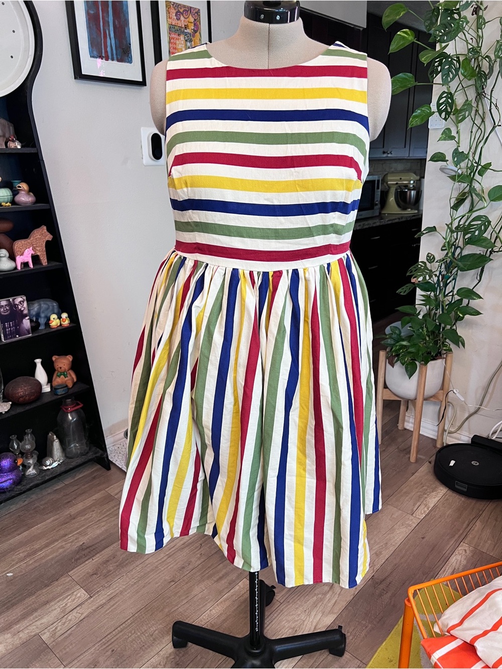 Collectif Multistripe Sleeveless Dress in Red, Yellow, Blue, Green, Cream